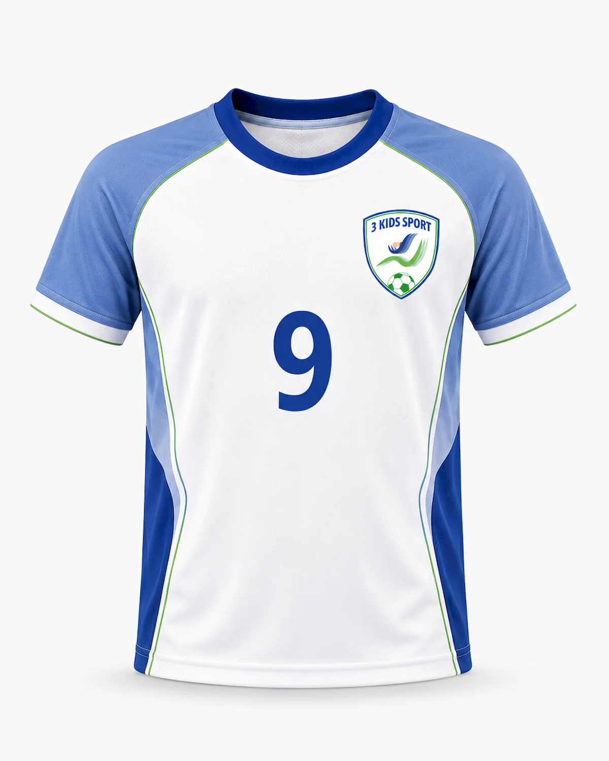 Tricou de joc pentru copii cu bază albă, mâneci Skyline Blue și panouri laterale Regal Blue. Pipingul v Tricou de Joc Copii 3 Kids Sport Dynamic Alb-Skyline Nr. 9