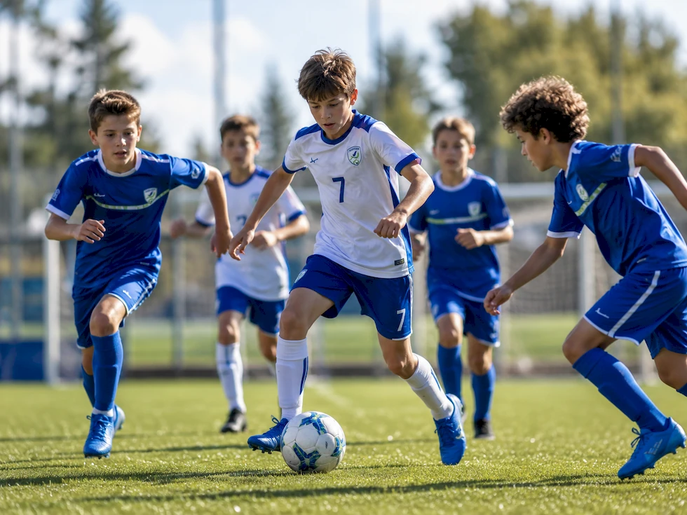 Copii din echipa 3 Kids Sport jucând fotbal pe teren