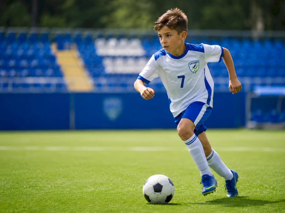 Copil în echipament 3 Kids Sport alergând cu mingea pe terenul de fotbal