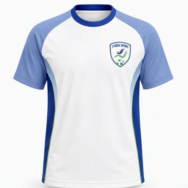 Tricou antrenament copii 3 Kids Sport – Alb cu Mâneci Albastre